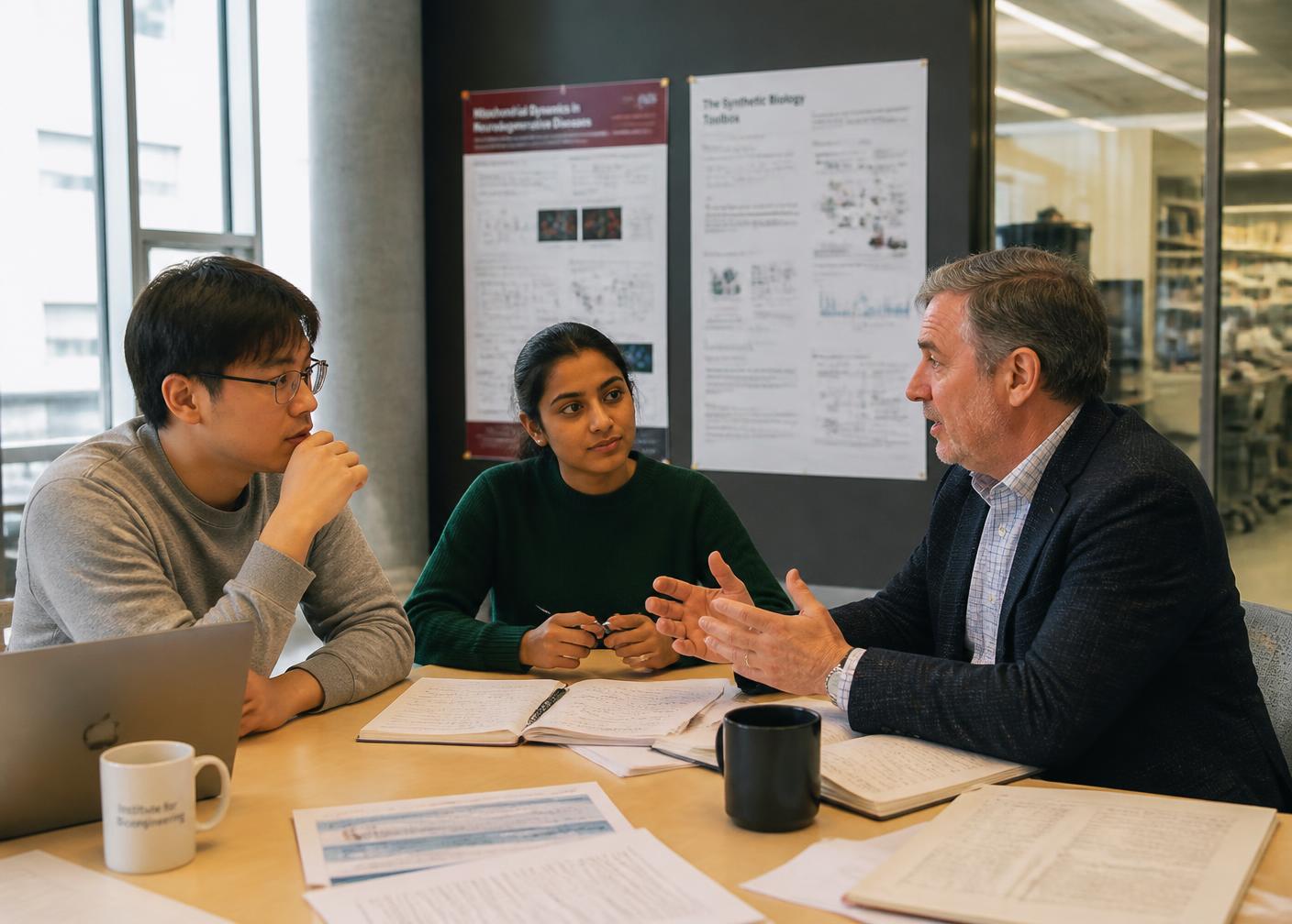 Researchers discussing commercialization with a mentor