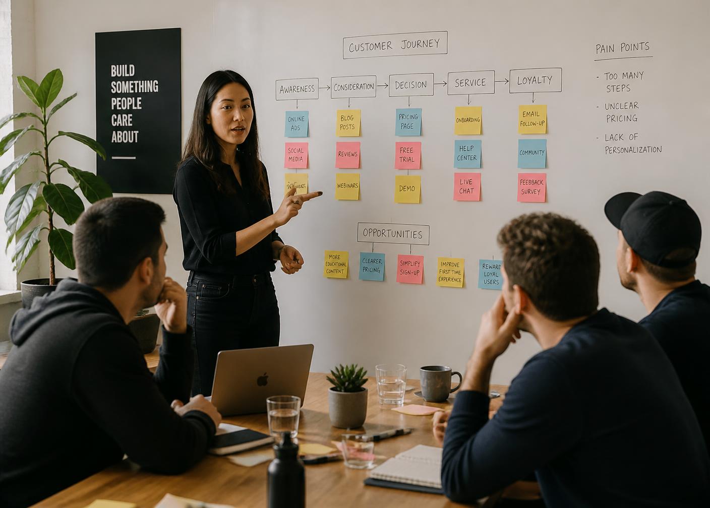 A facilitator leading a founder cohort through a customer journey mapping session